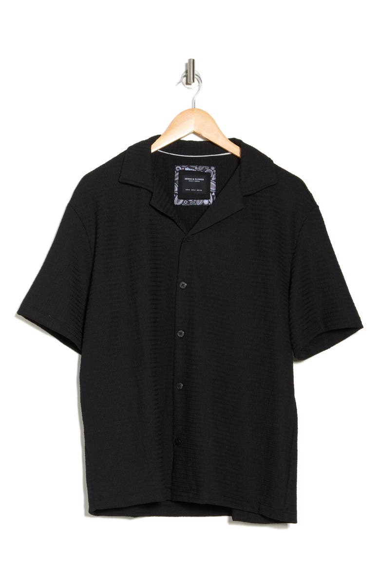 DENIM AND FLOWER Textured Knit Short Sleeve Camp Shirt, Alternate, color, Black