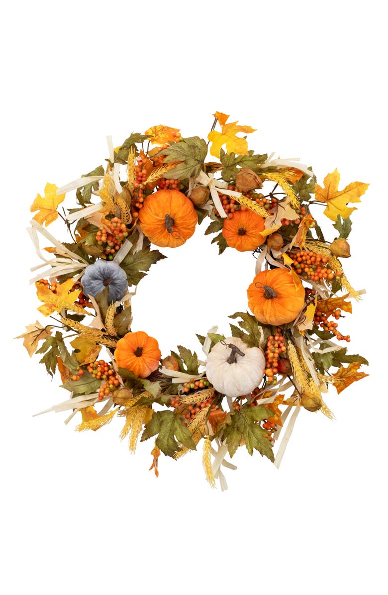 Northlight Velvet Pumpkins and Wheat Artificial Fall Harvest Wreath - 24", Main, color, 