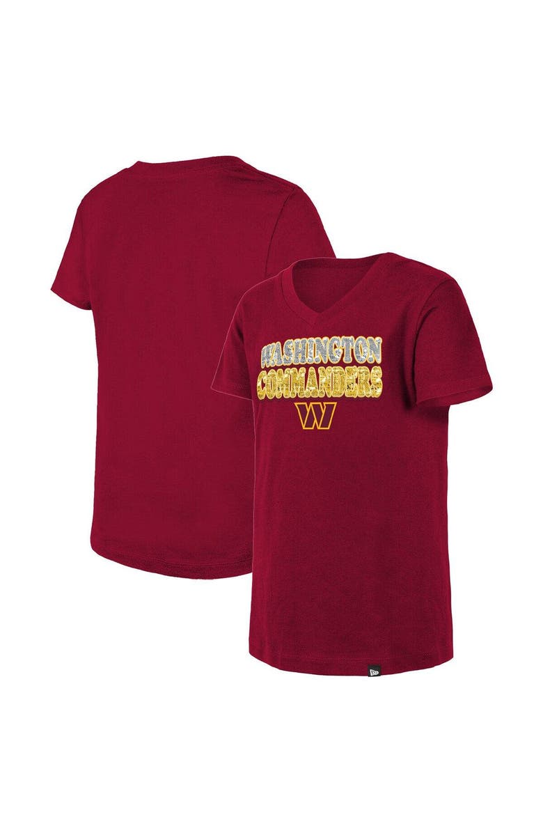 New Era Girls Youth New Era Burgundy Washington Commanders Reverse Sequin V-Neck T-Shirt, Main, color, 