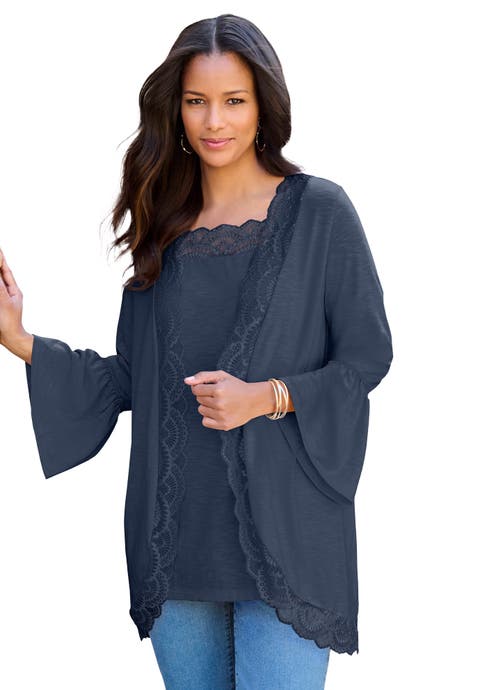Lace-Detailed Cardigan and Tank Set (Plus)