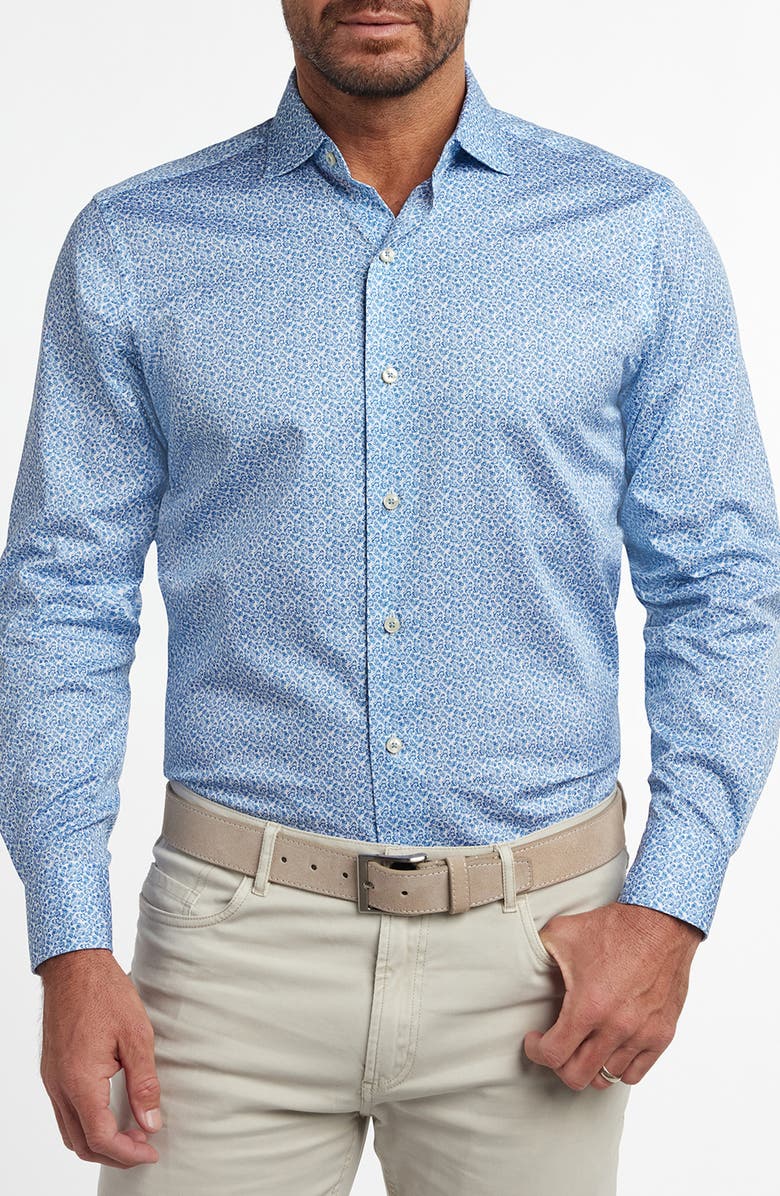 David Donahue Micropaisley Print Cotton Button-Up Shirt, Main, color, White/ Blue