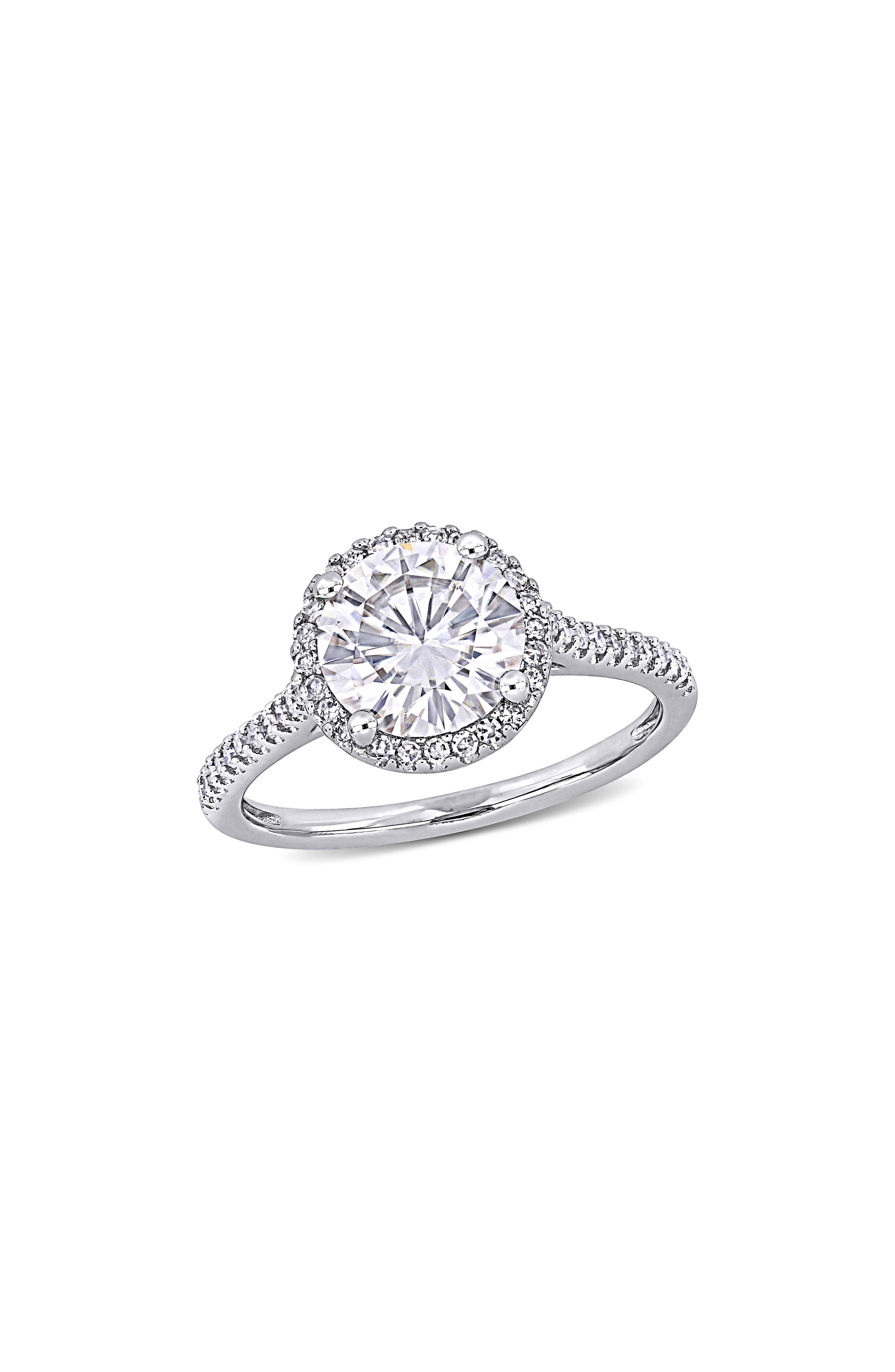 DELMAR 14K White Gold Lab Created Moissanite & Diamond Halo Ring - 0.23ct.