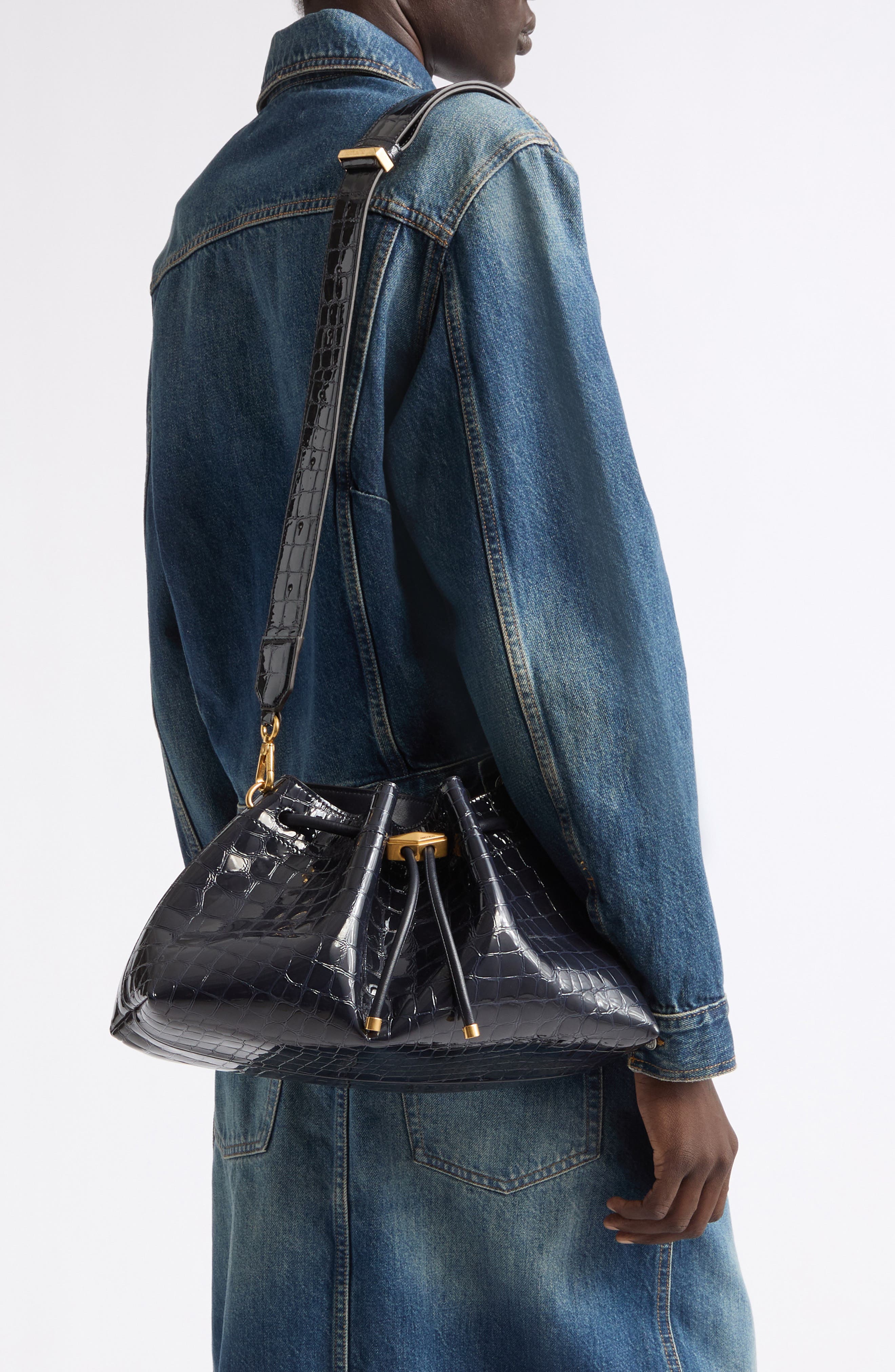 The Cinch East/West Croc Embossed Leather Bucket Bag, Alternate, color, MARINE/ GOLD