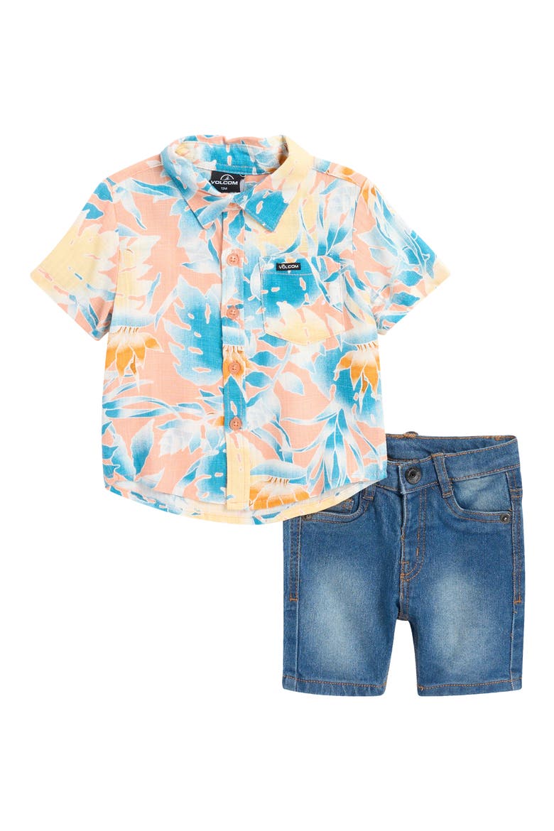 Short Sleeve Button-Up Shirt & Denim Shorts Set, Main, color, TEAL