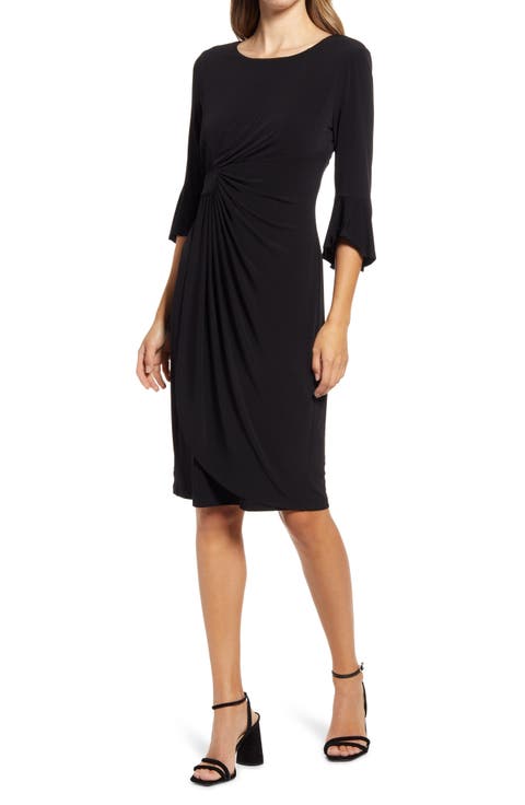 Ruched Bell Sleeve Faux Wrap Cocktail Dress