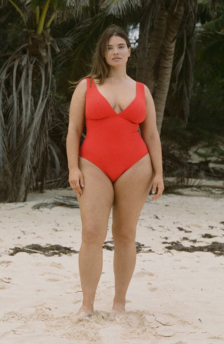 MANGO V-Neck Rib One-Piece Swimsuit, Alternate, color, Red