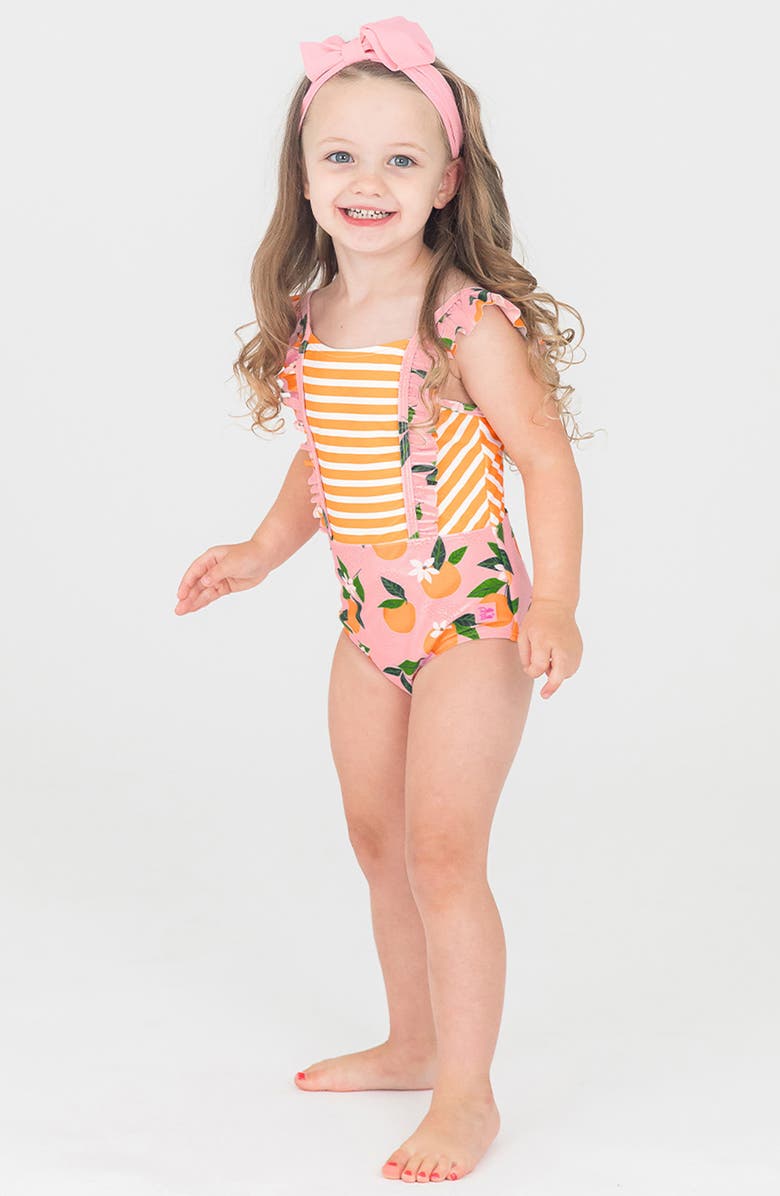 RuffleButts Orange Pinafore One-Piece Swimsuit & Hat Set, Alternate, color,