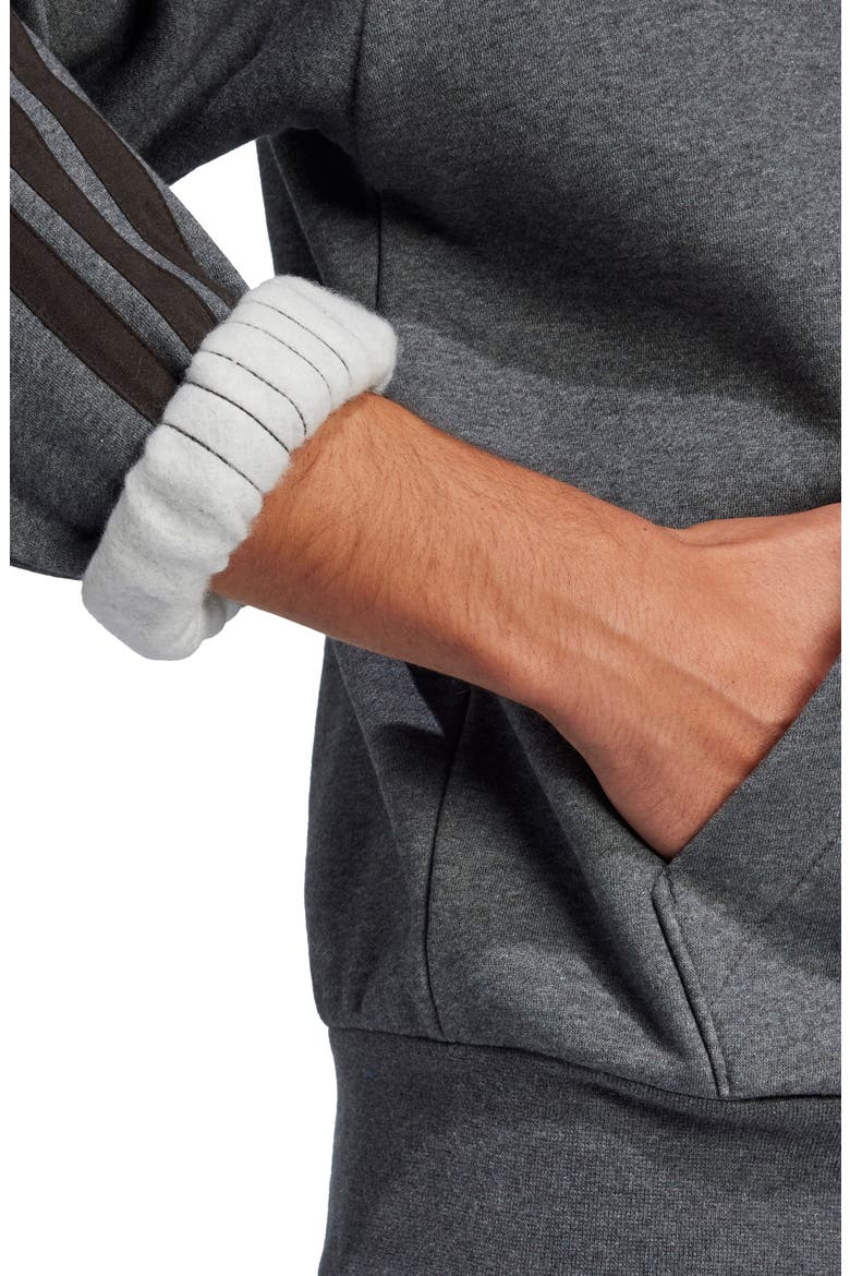 Essentials 3-Stripes Fleece Hoodie, Alternate, color, DARK GREY HEATHER/ BLACK