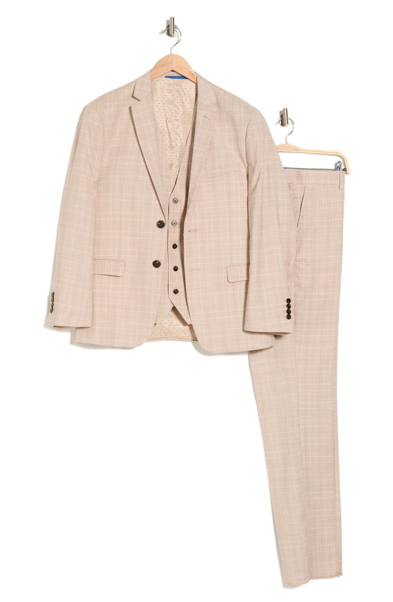Gino Vitale Slim Fit Check Stretch Three Piece Suit, Alternate, color, Sand