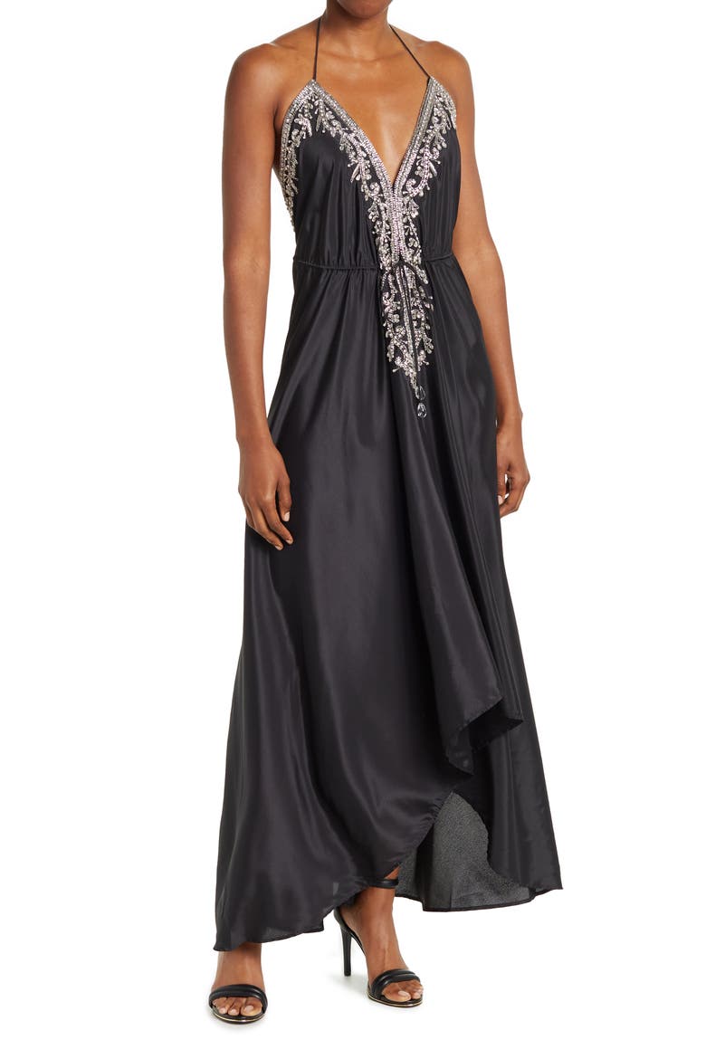 Embellished Halter Maxi Dress, Main, color, BLACK