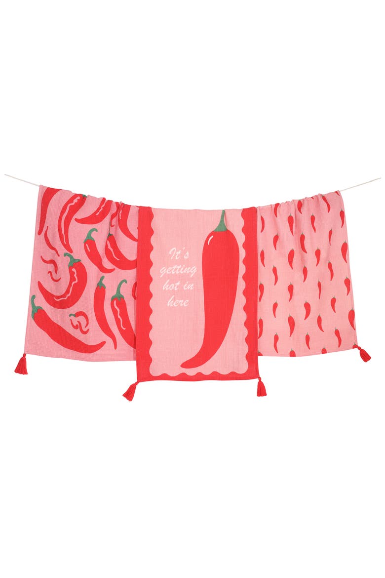 Set of Three It's Getting Hot in Here Chili Kitchen Towels, Main, color, HOT PINK/ RED