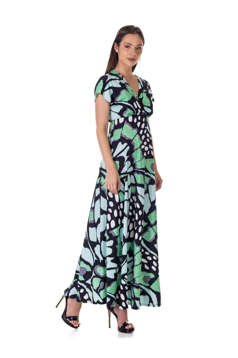Oversized Butterfly Print V-Neck Empire Waist Cap Sleeve Maxi Dress, Alternate, color, Green Multi