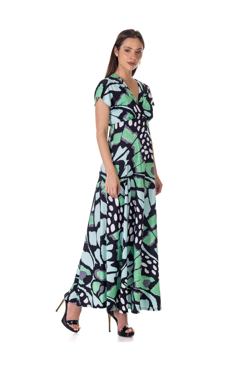 24seven Comfort Apparel Oversized Butterfly Print V-Neck Empire Waist Cap Sleeve Maxi Dress, Alternate, color, Green Multi