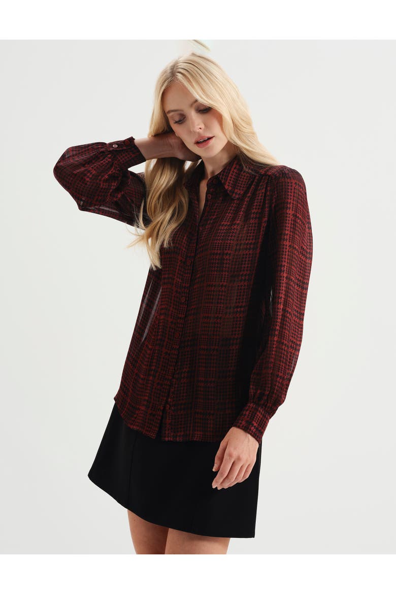 Melina Printed Chiffon Blouse, Alternate, color, Burgundy Houndstooth