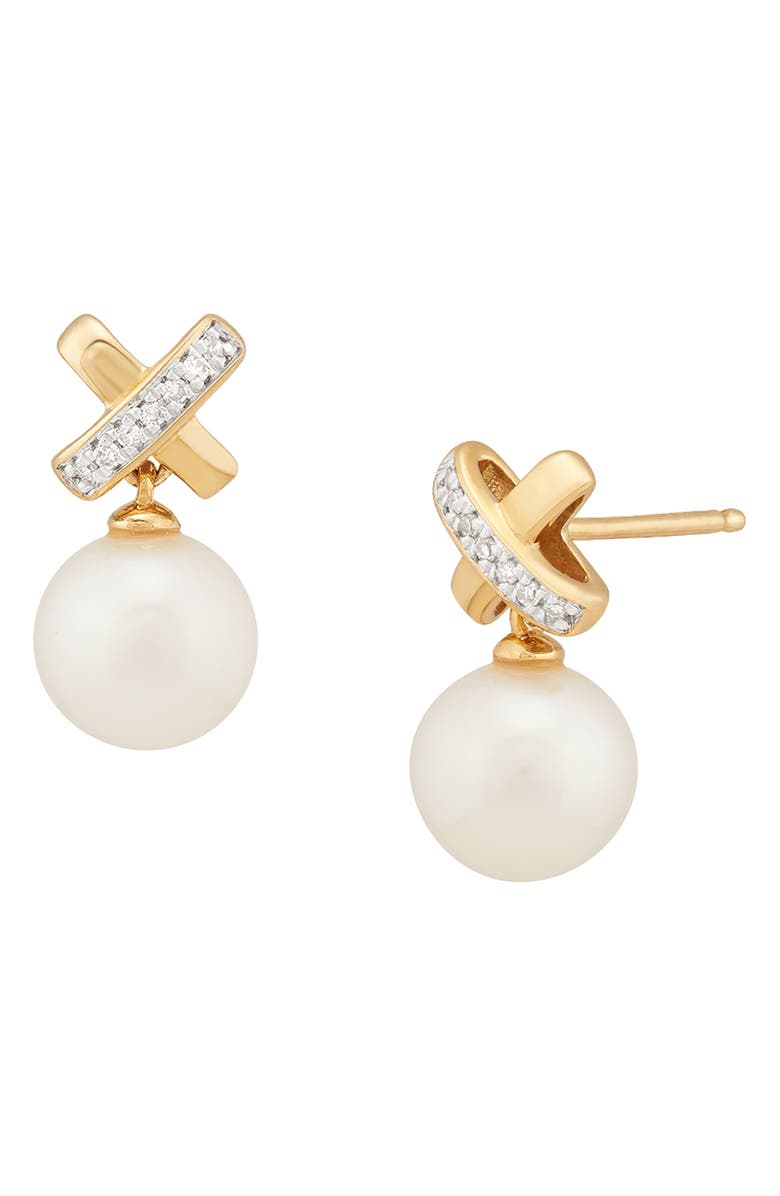 Frankie & Zoe 14K Gold Diamond & Freshwater Pearl Crisscross Stud Earrings, Main, color, 