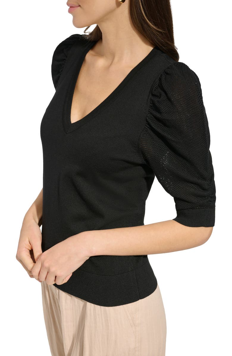 DKNY Puff Sleeve V-Neck Sweater, Alternate, color, Black