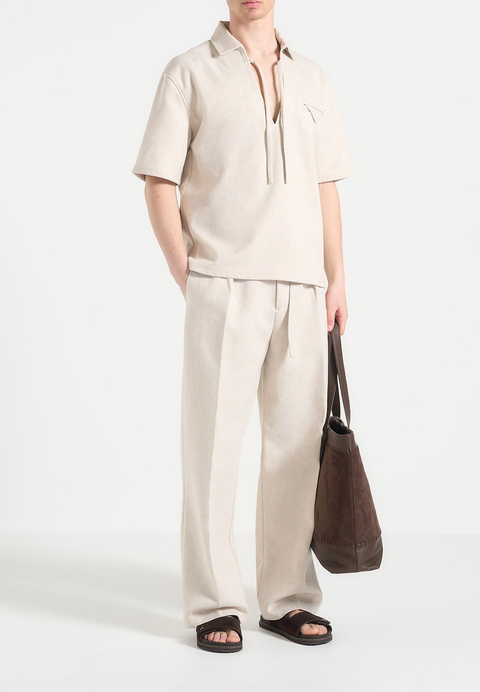 Norbert Open Collar Textured Drawstring Shirt