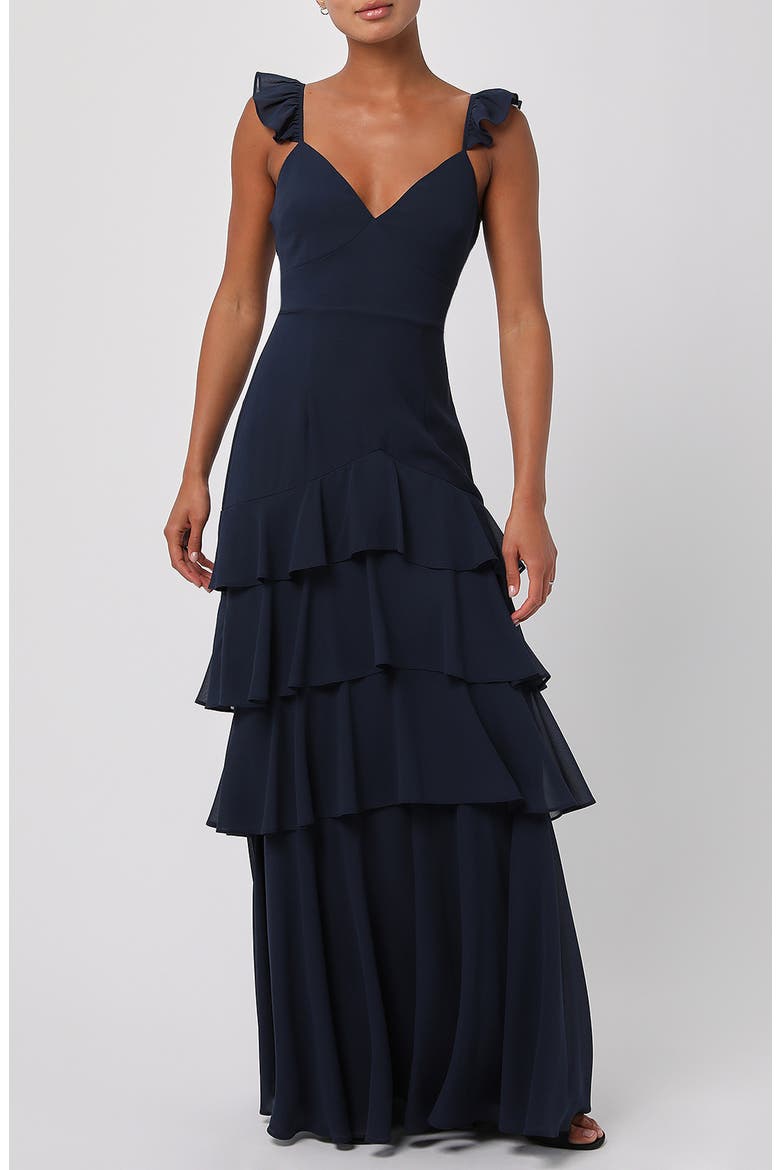 Seren Ruffle Shoulder Tiered Maxi Dress, Main, color, NAVY