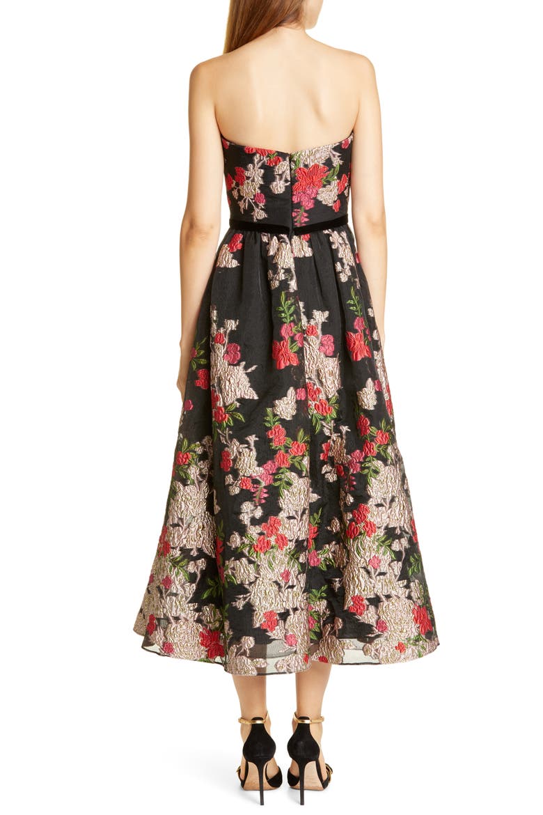 Floral Embroidered Strapless Midi Dress, Alternate, color, BLACK