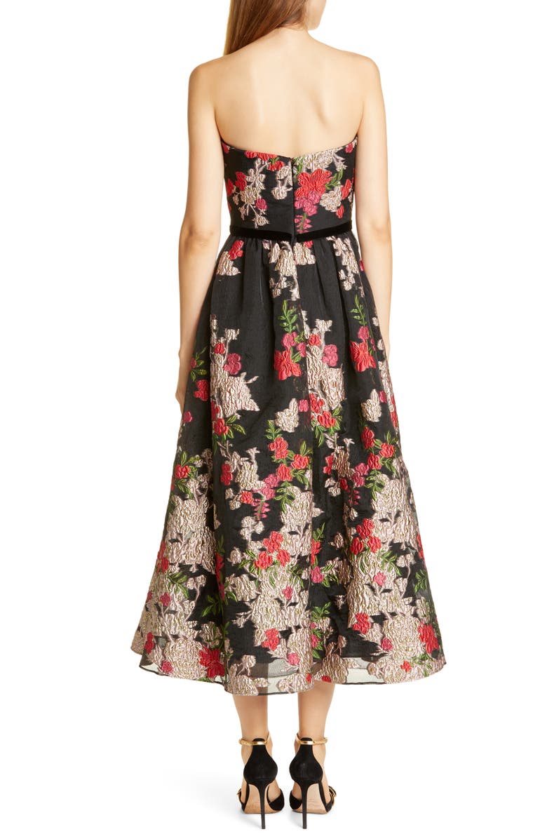 Marchesa Notte Floral Embroidered Strapless Midi Dress, Alternate, color, 