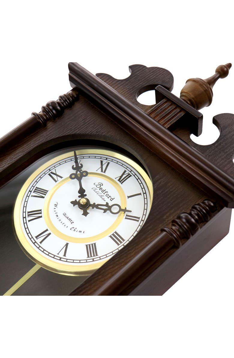 Bedford Clock Collection Leo 21in Chestnut Wood Chiming Pendulum Wall Clock, Alternate, color, Chestnut