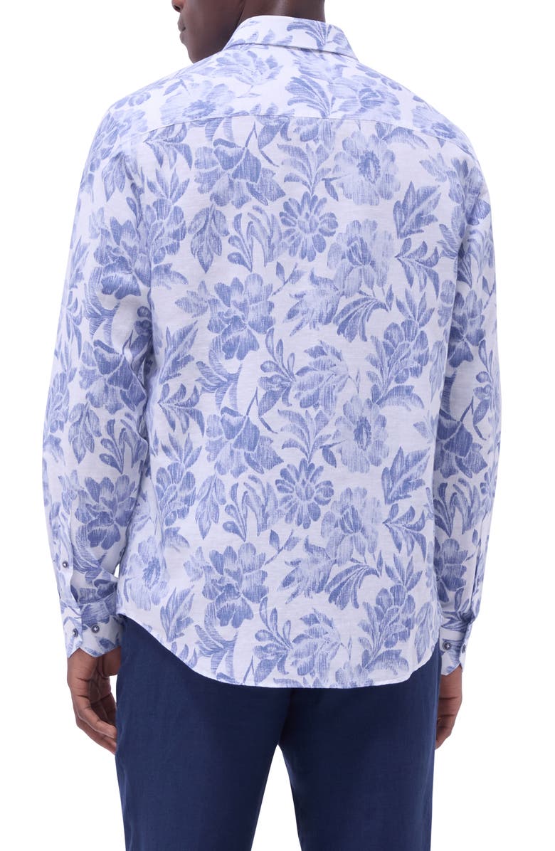 Bugatchi Julian Shaped Fit Linen Blend Button-Up Shirt, Alternate, color, Cobalt