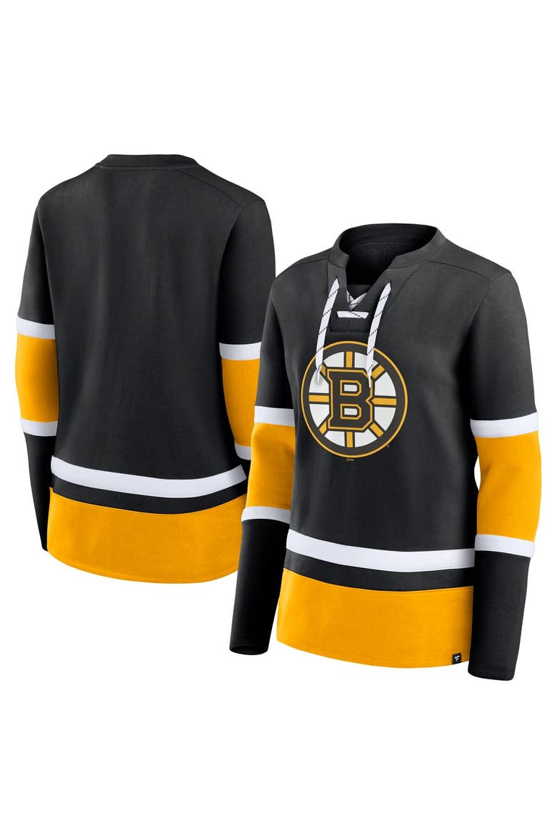 Women's Fanatics Black Boston Bruins Prime Time Lace-Up Long Sleeve T-Shirt, Main, color, Black