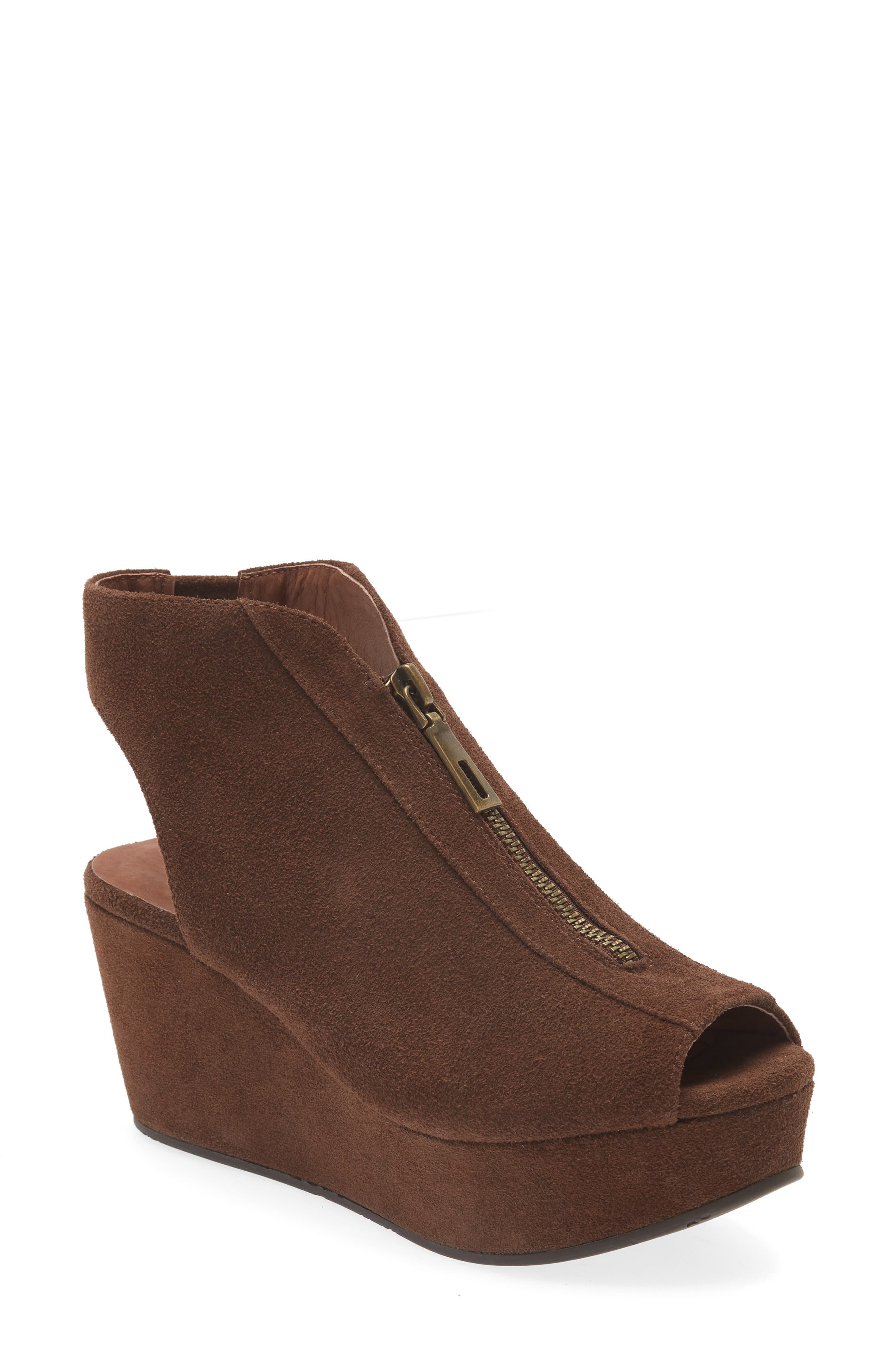 Front Zip Platform Wedge, Main, color, CHOCOLATE SUEDE