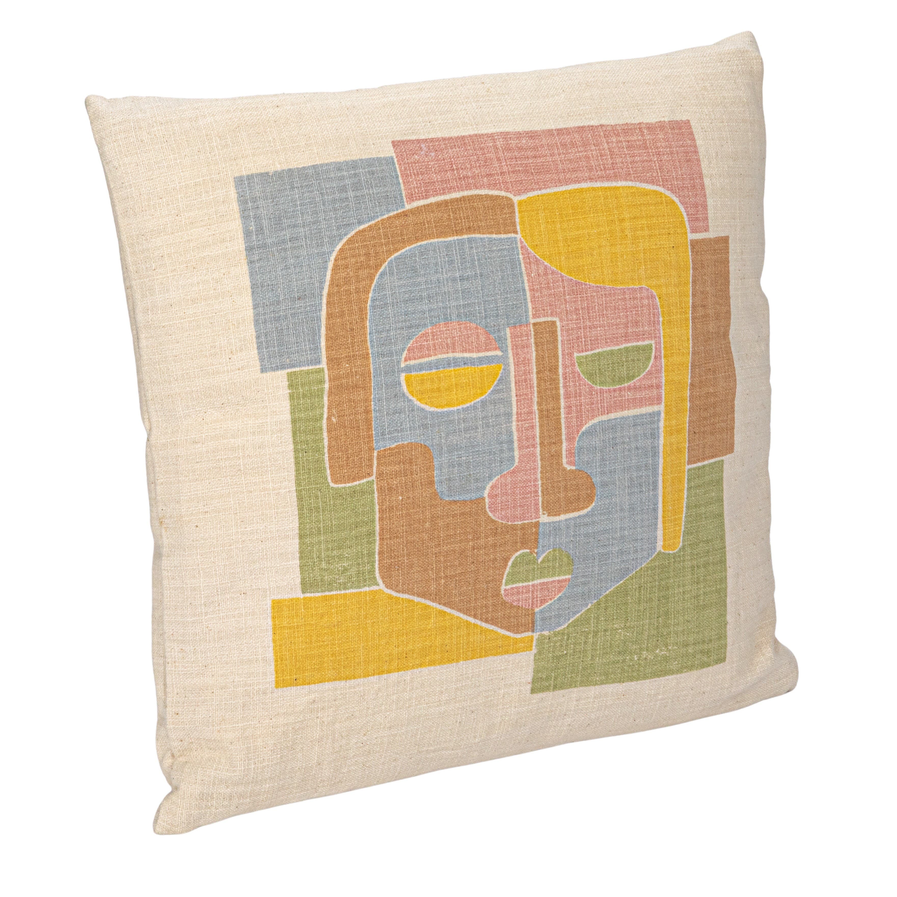 Storied Home Woven Cotton Slub Printed Pillow With Abstract Face, Multicolor