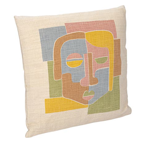 Woven Cotton Slub Printed Pillow with Abstract Face, Multicolor