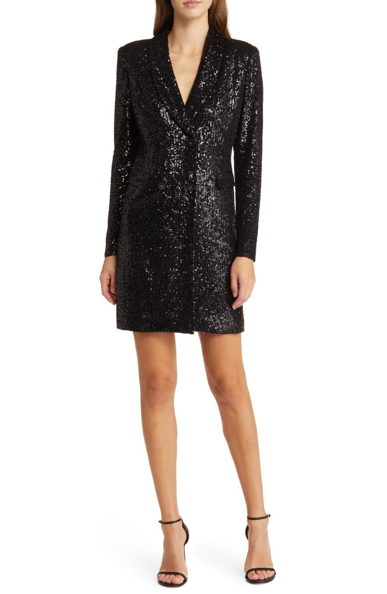 Eliza J Sequin Long Sleeve Tuxedo Cocktail Dress, Main, color, 