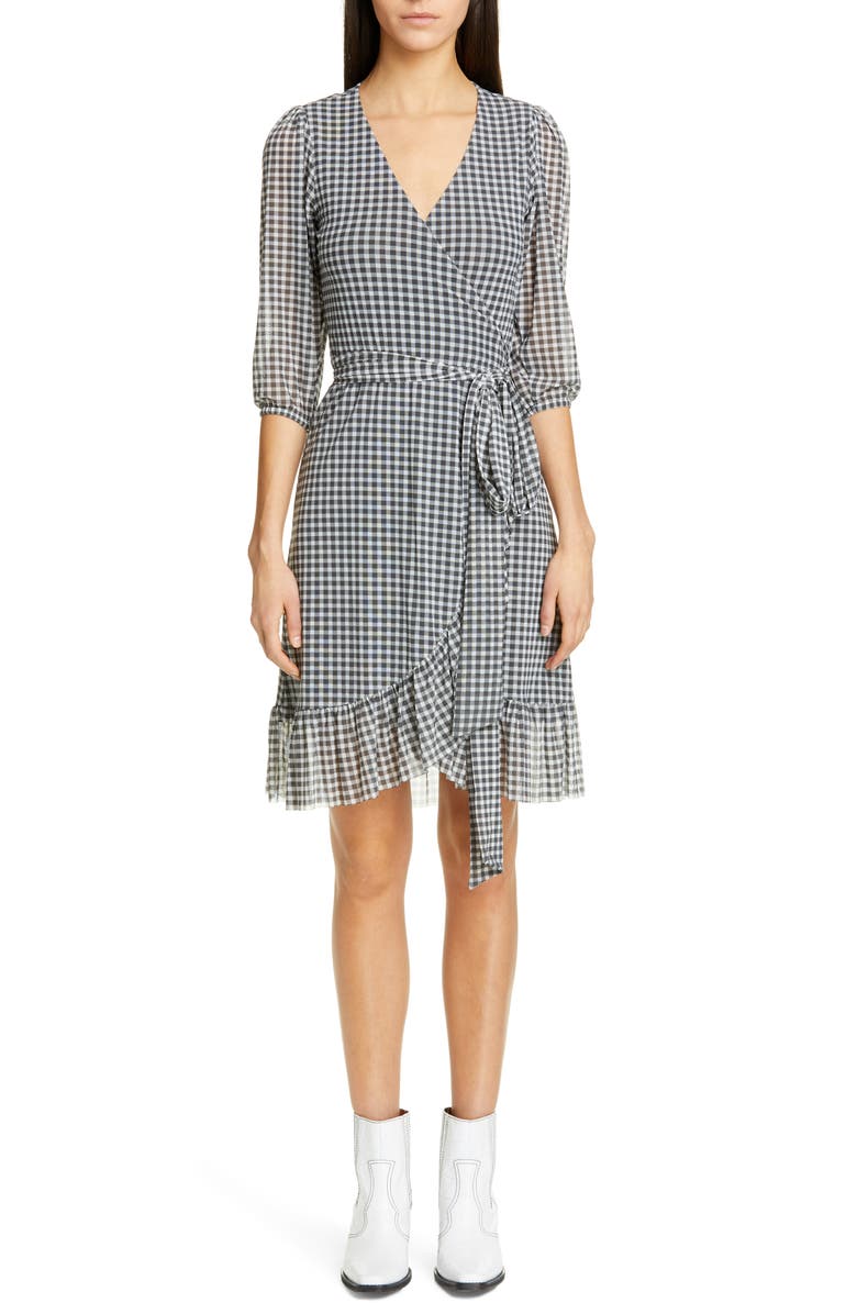 Ganni Check Print Mesh Wrap Dress, Main, color,