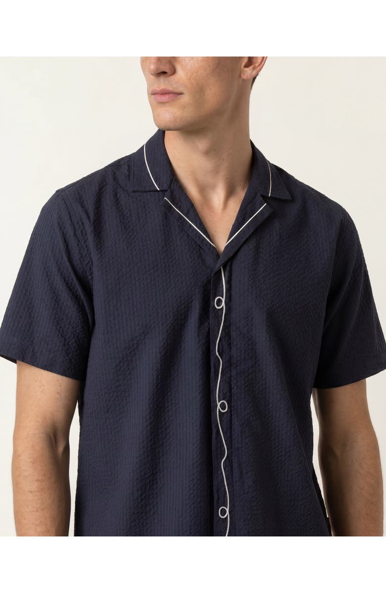 Orlebar Brown Maitan Embroidery Relaxed Fit Embroidered Seersucker Shirt, Alternate, color, Night Iris