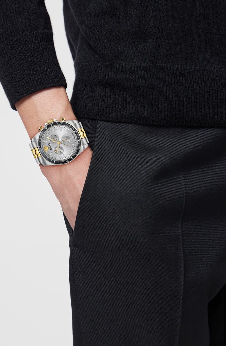 Versace Greca Chronograph Wave Two-Tone Bracelet Watch, 43mm, Alternate, color, Two Tone Silver