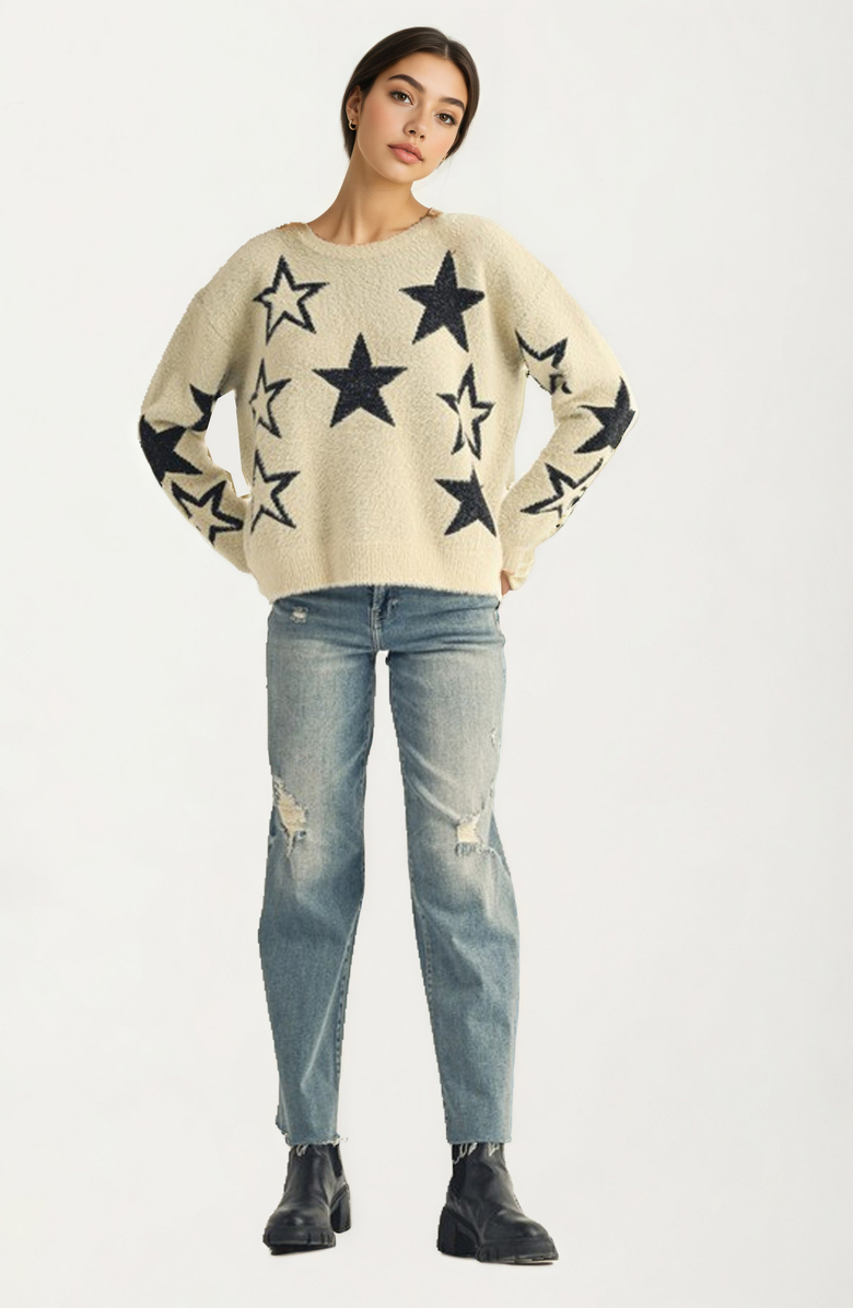Knit and Lounge Cozy Soft Knit Relaxed Fit Star Pattern Sweater, Alternate, color, Beige