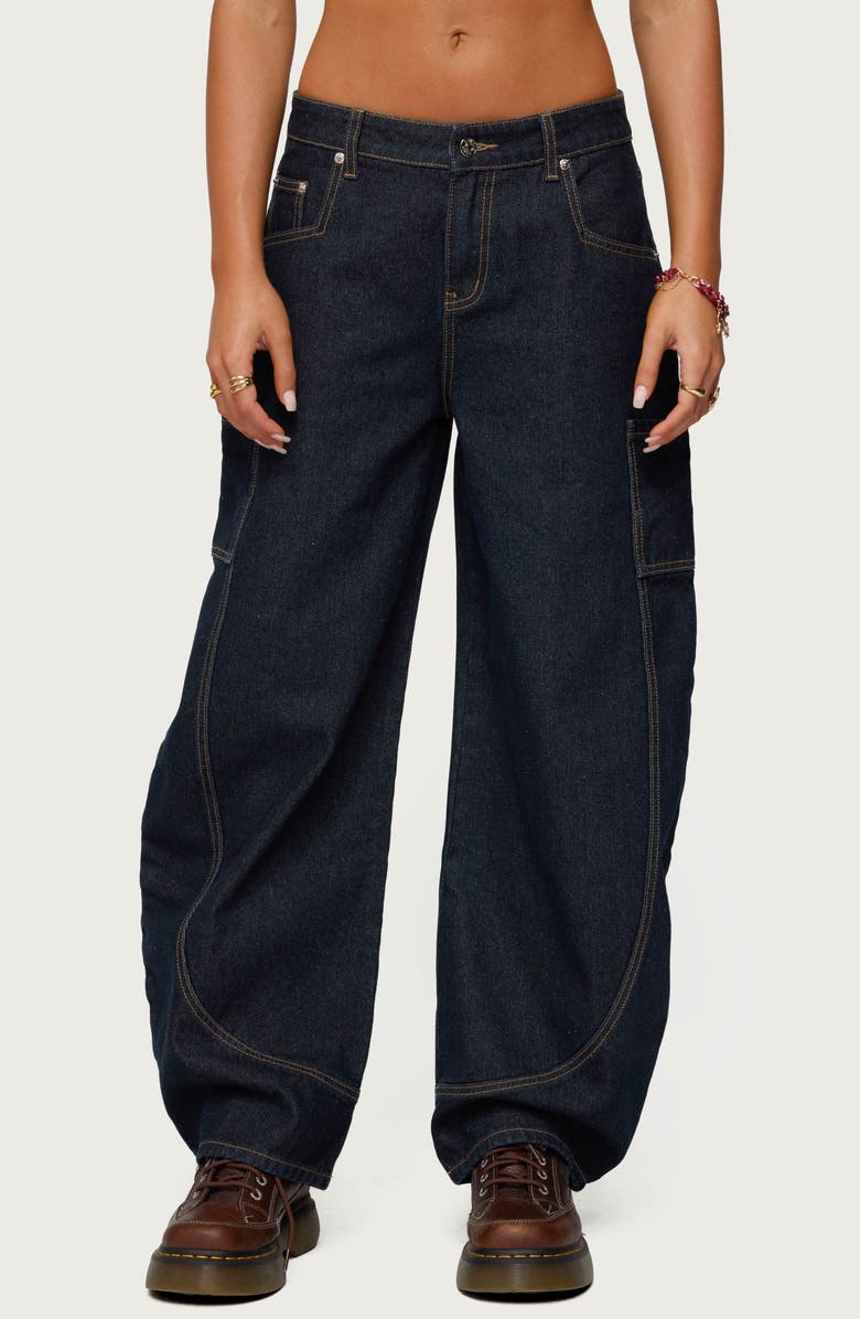 EDIKTED Aden Low Rise Barrel Leg Jeans, Main, color, Dark-Blue