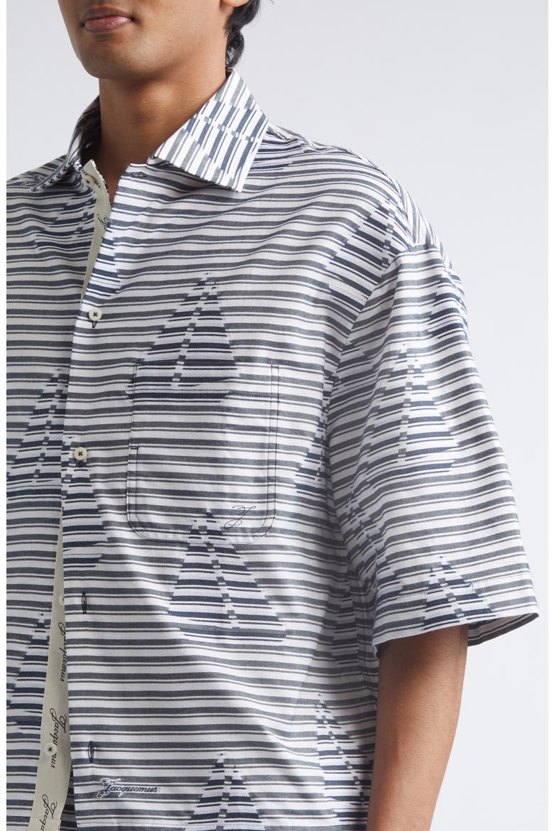 La Plage Stripe Short Sleeve Cotton Jacquard Button-Up Shirt, Alternate, color, JACQUARD BOAT NAVY / WHITE