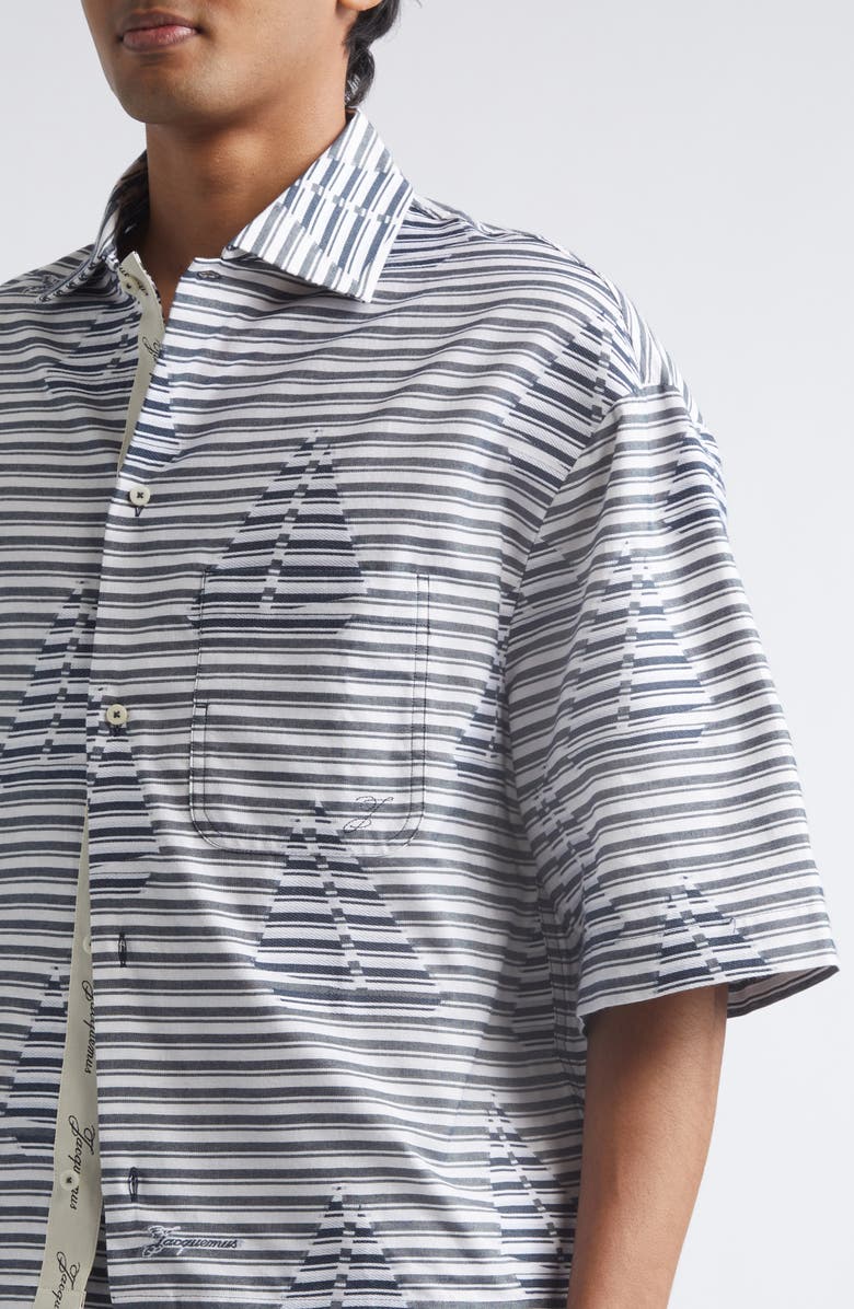 Jacquemus La Plage Stripe Short Sleeve Cotton Jacquard Button-Up Shirt, Alternate, color, Jacquard Boat Navy / White