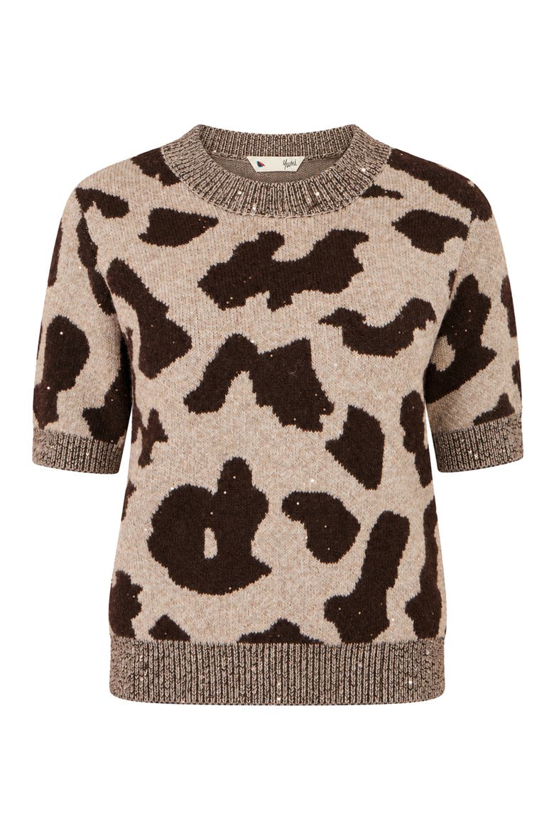 Leopard Intarsia Short Sleeve Sweater, Alternate, color, Brown
