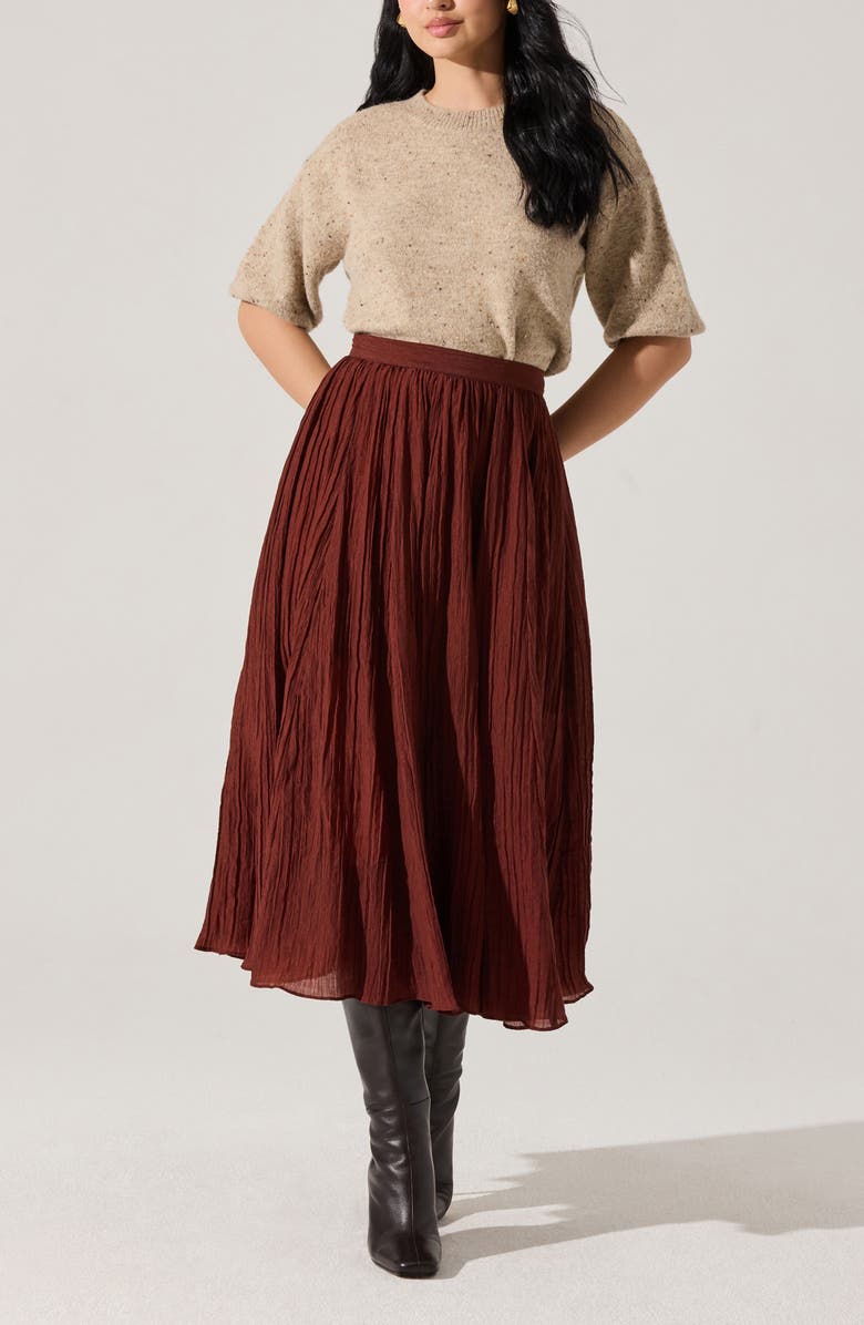 ASTR the Label Salome Pleated A-Line Midi Skirt, Alternate, color, Burnt Brown