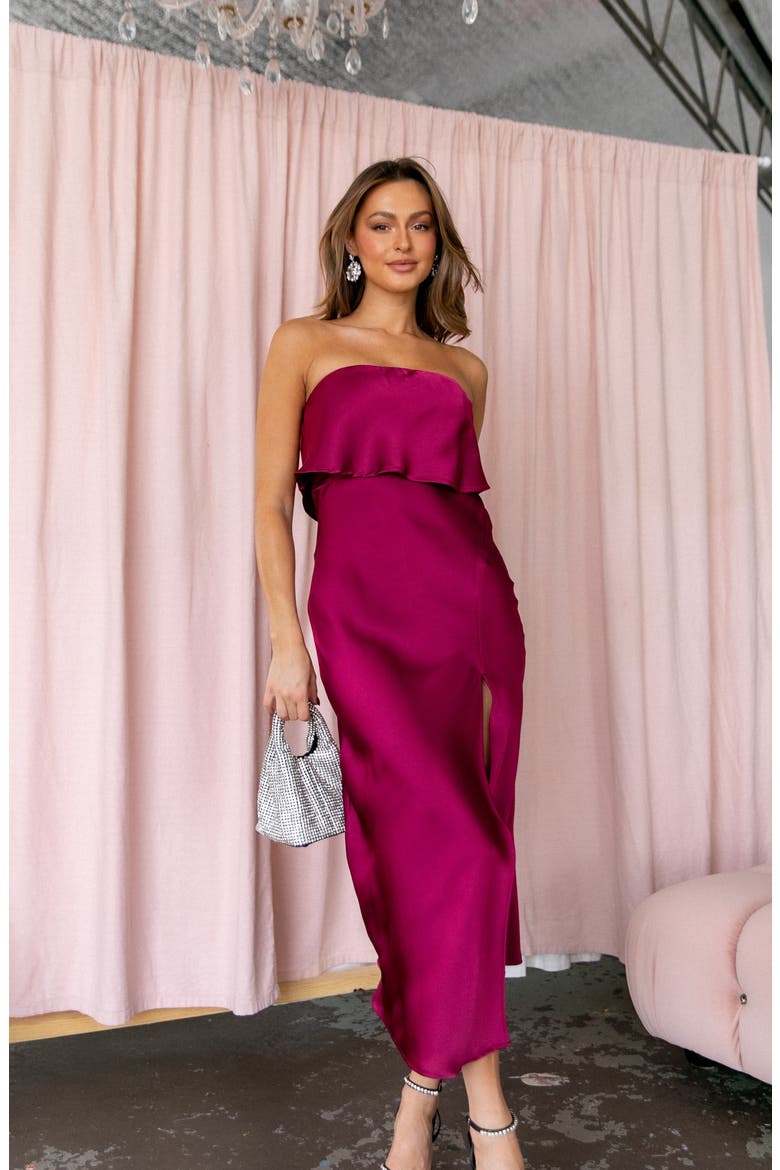 vienna popover strapless satin midi dress Vienna Strapless Midi Dress