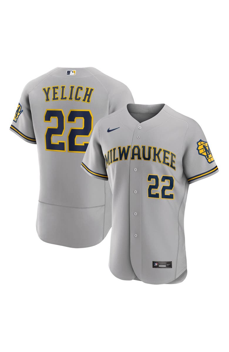 Nike Men's Nike Christian Yelich Gray Milwaukee Brewers Road Authentic Player Logo Jersey, Main, color, 