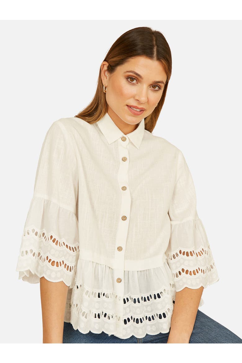 34 Sleeve Relaxed Scallop Trim Shirt, Main, color, White