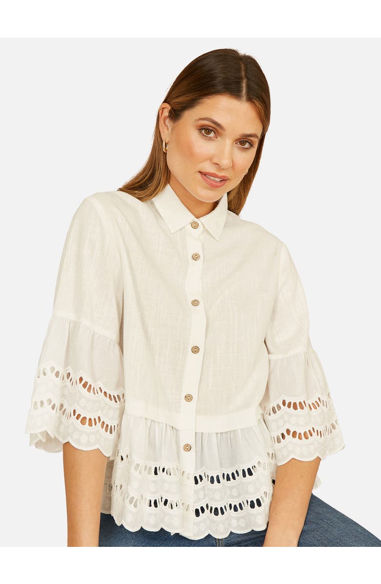 Yumi 34 Sleeve Relaxed Scallop Trim Shirt, Main, color, White