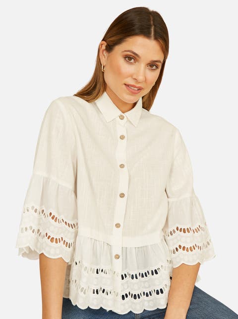 34 Sleeve Relaxed Scallop Trim Shirt