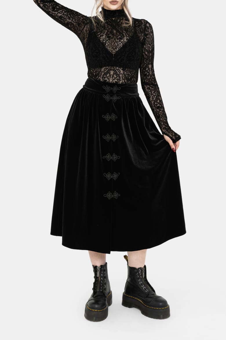 Nova Velour Frog Closure Midi Skirt, Alternate, color, Black