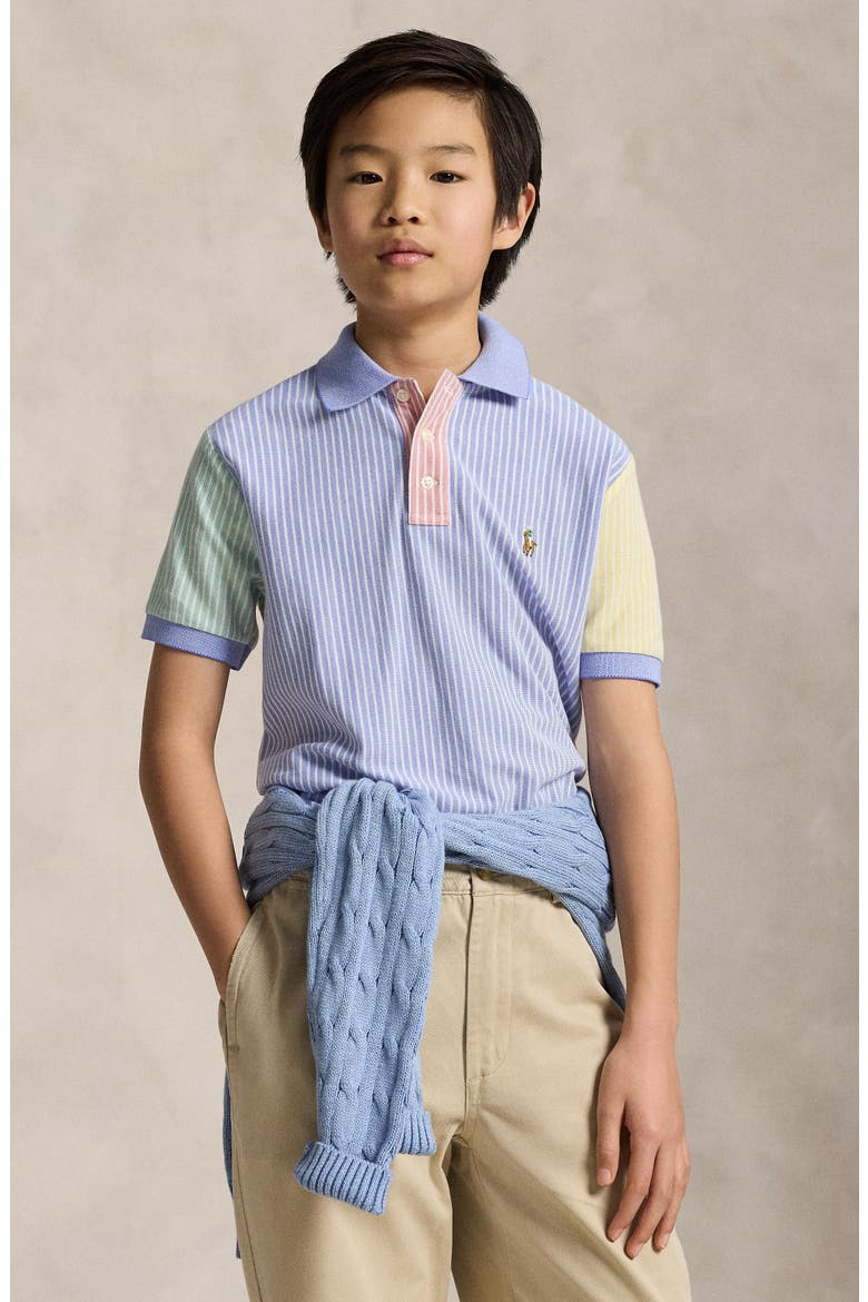 Kids' Mismatched Stripe Cotton Piqué Polo, Alternate, color, HRBR BLUE