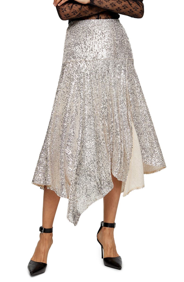 Topshop Sequin Handkerchief Skirt, Main, color, 