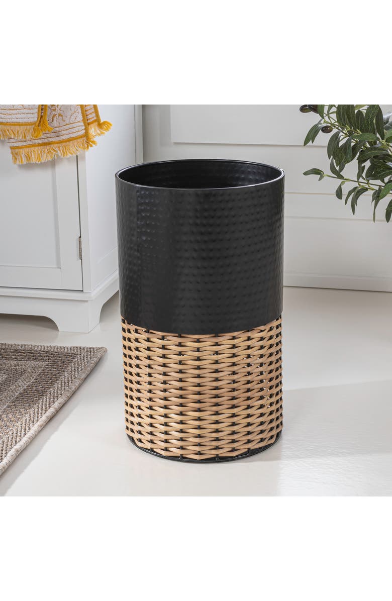 HAPPIMESS Asher Modern 2-Tone Natural Wicker/Metal Cylinder Waste Basket, Alternate, color, Black/Natural