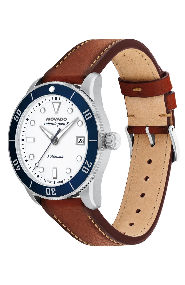 Movado Calendoplan Leather Strap Watch, 40mm, Alternate, color, White
